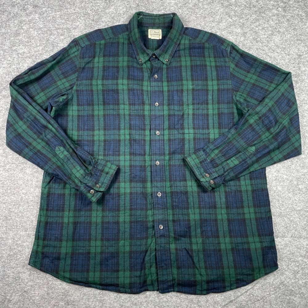 LL Bean Flannel Shirt Mens XL Green Blue Blackwatch Tartan Plaid Traditional Fit